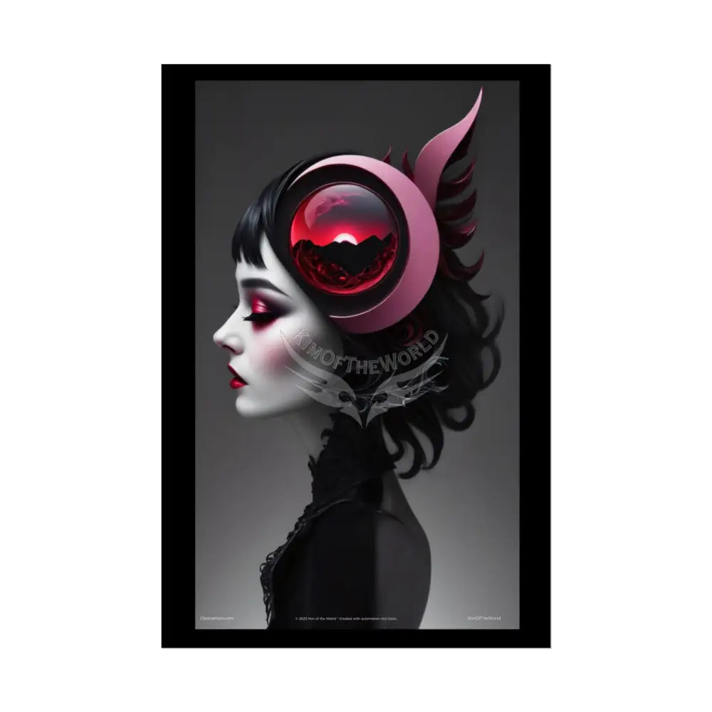 Gothic Eye Watcher Fashion Black Lace 3D Moon Weird Surreal Portrait Black & Red Satin 3D Moon Art Poster — Black & Red