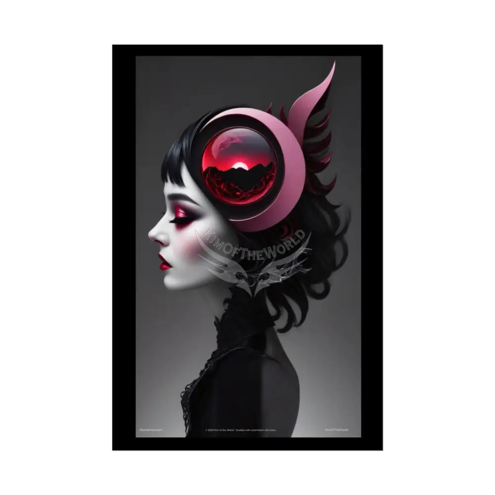 Gothic Eye Watcher Fashion Black Lace 3D Moon Weird Surreal Portrait Black & Red Satin 3D Moon Art Poster — Black & Red