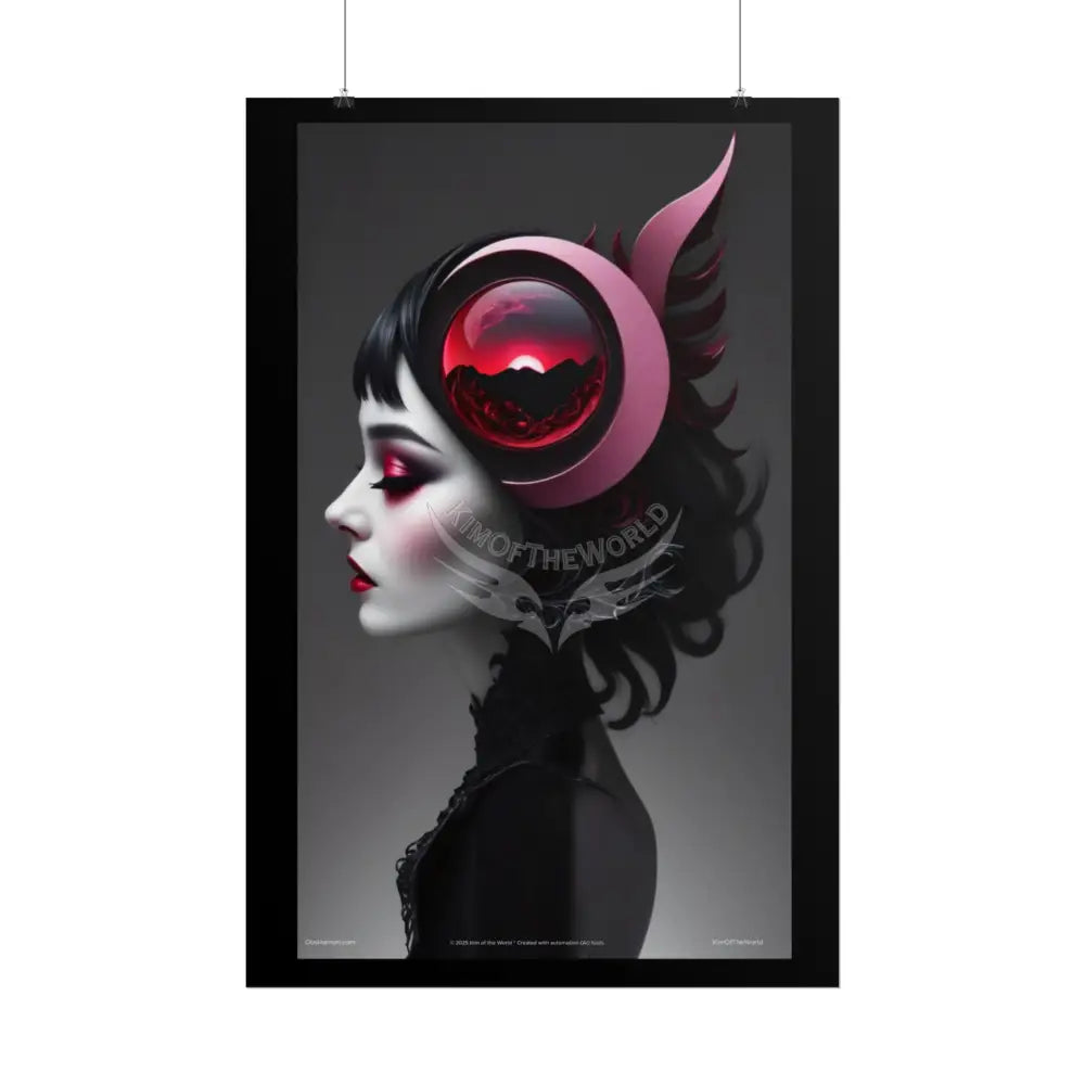 Gothic Eye Watcher Fashion Black Lace 3D Moon Weird Surreal Portrait Black & Red Satin 3D Moon Art Poster — Black & Red