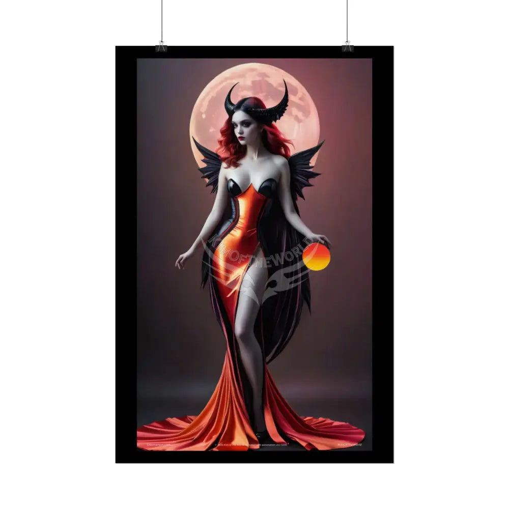 Gothic Fashion Cat Lady Woman Weird Surreal Portrait Black & Orange Halloween Satin 3D Moon Art Poster — Goth Girl