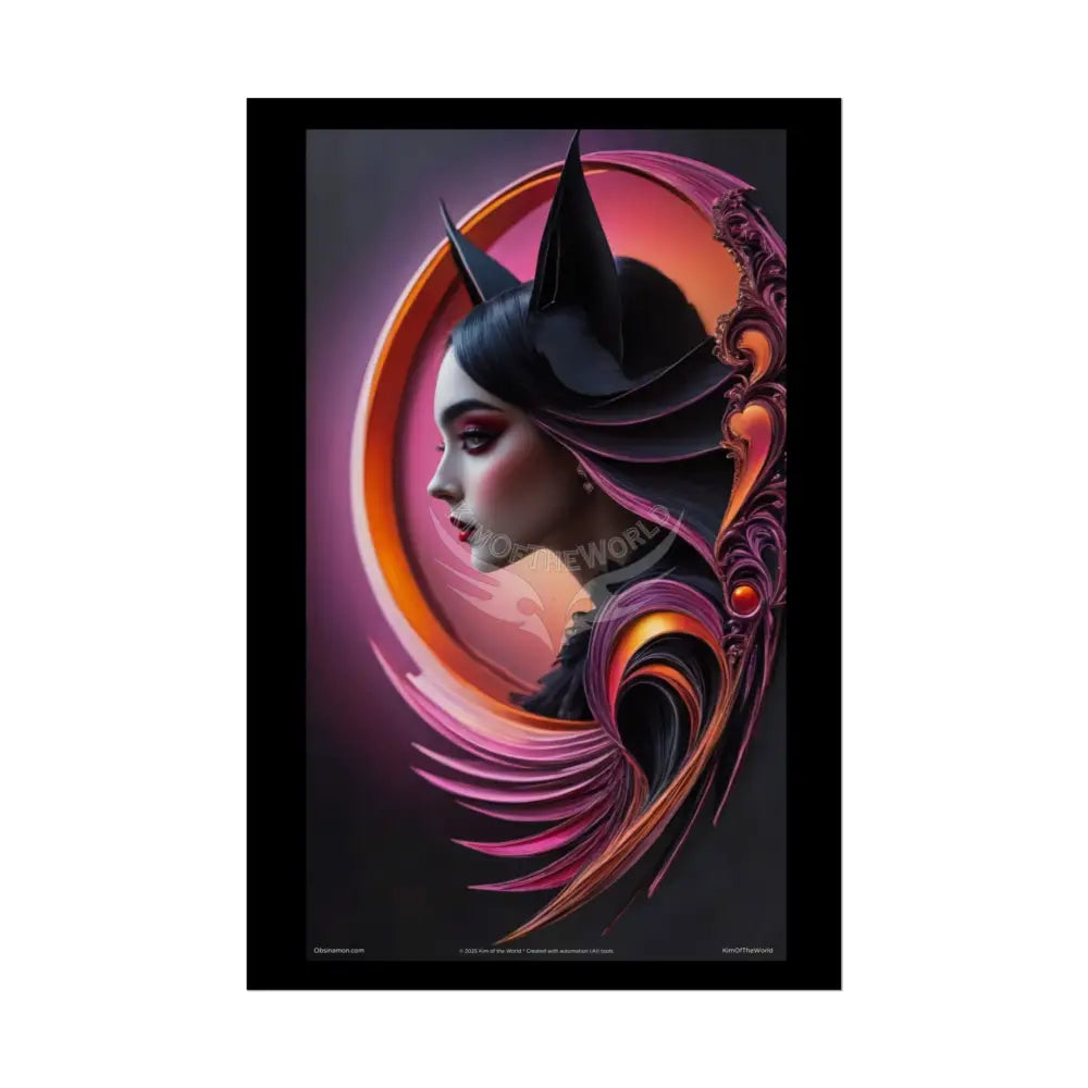 Gothic Fashion Cat Lady Woman Weird Surreal Portrait Black & Orange Halloween Satin 3D Moon Art Poster — Goth Girl