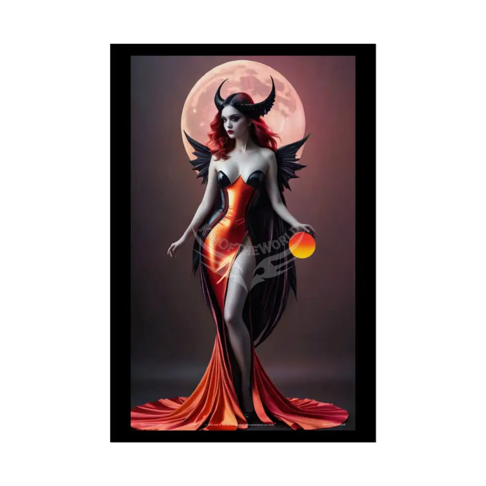 Gothic Fashion Cat Lady Woman Weird Surreal Portrait Black & Orange Halloween Satin 3D Moon Art Poster — Goth Girl