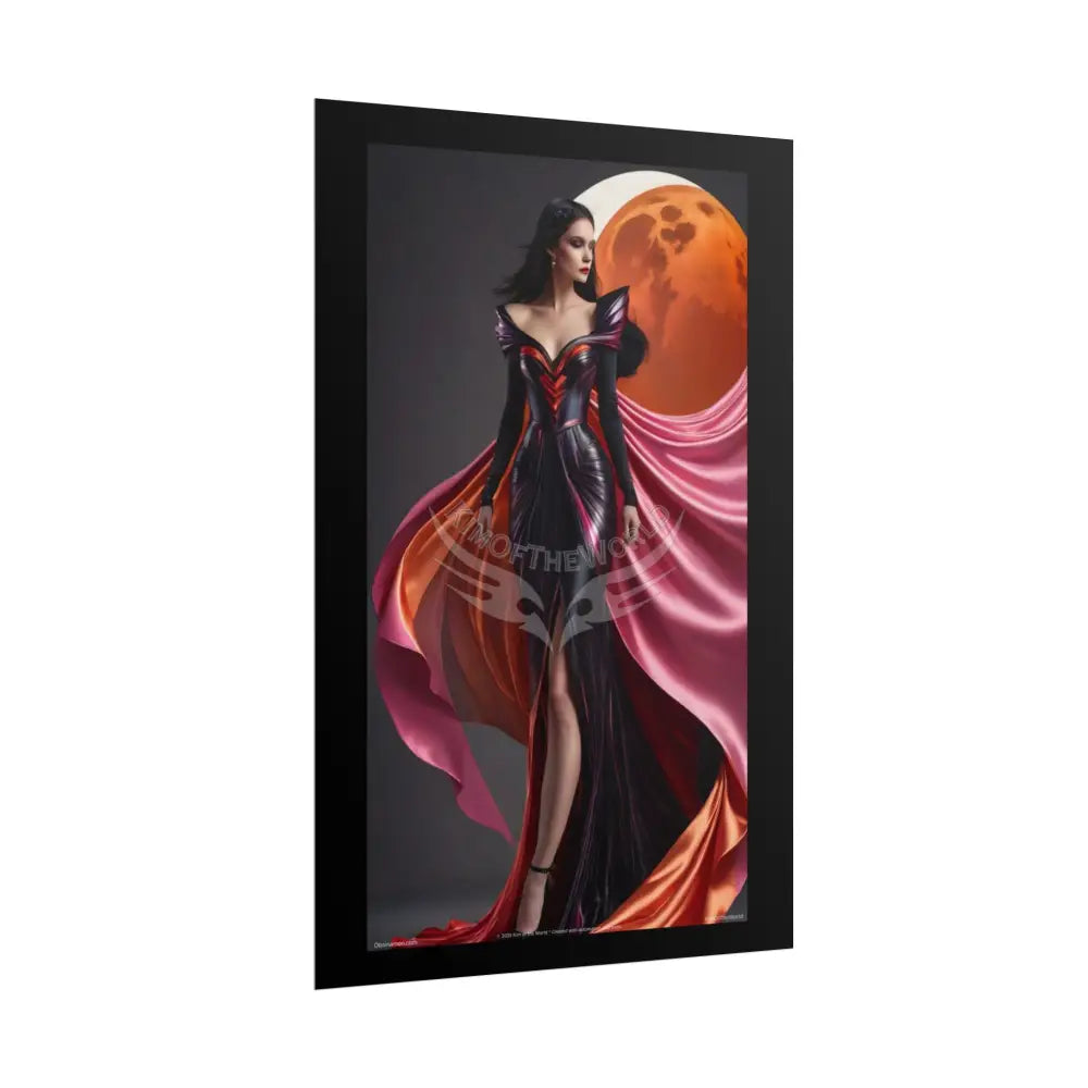 Gothic Fashion Cat Lady Woman Weird Surreal Portrait Black & Orange Halloween Satin 3D Moon Art Poster — Goth Girl