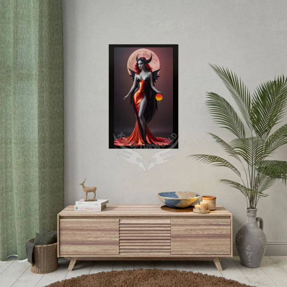 Gothic Fashion Cat Lady Woman Weird Surreal Portrait Black & Orange Halloween Satin 3D Moon Art Poster — Goth Girl