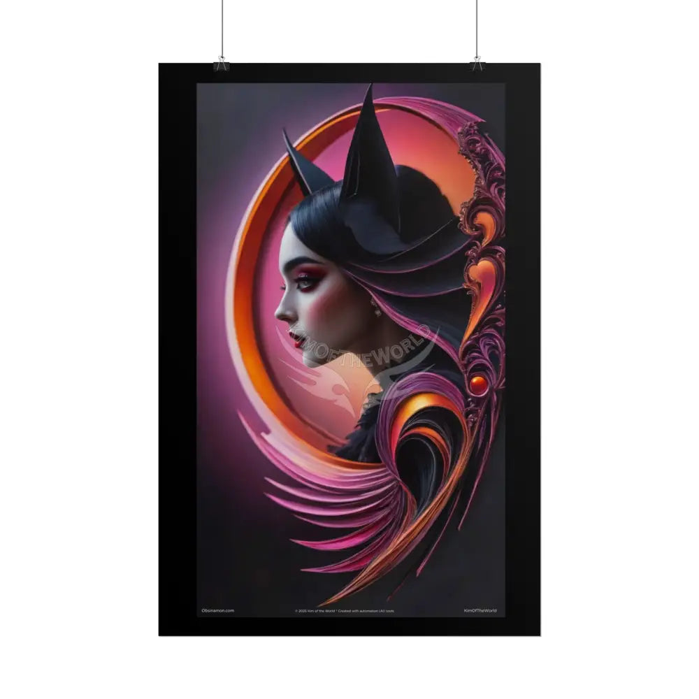 Gothic Fashion Cat Lady Woman Weird Surreal Portrait Black & Orange Halloween Satin 3D Moon Art Poster — Goth Girl