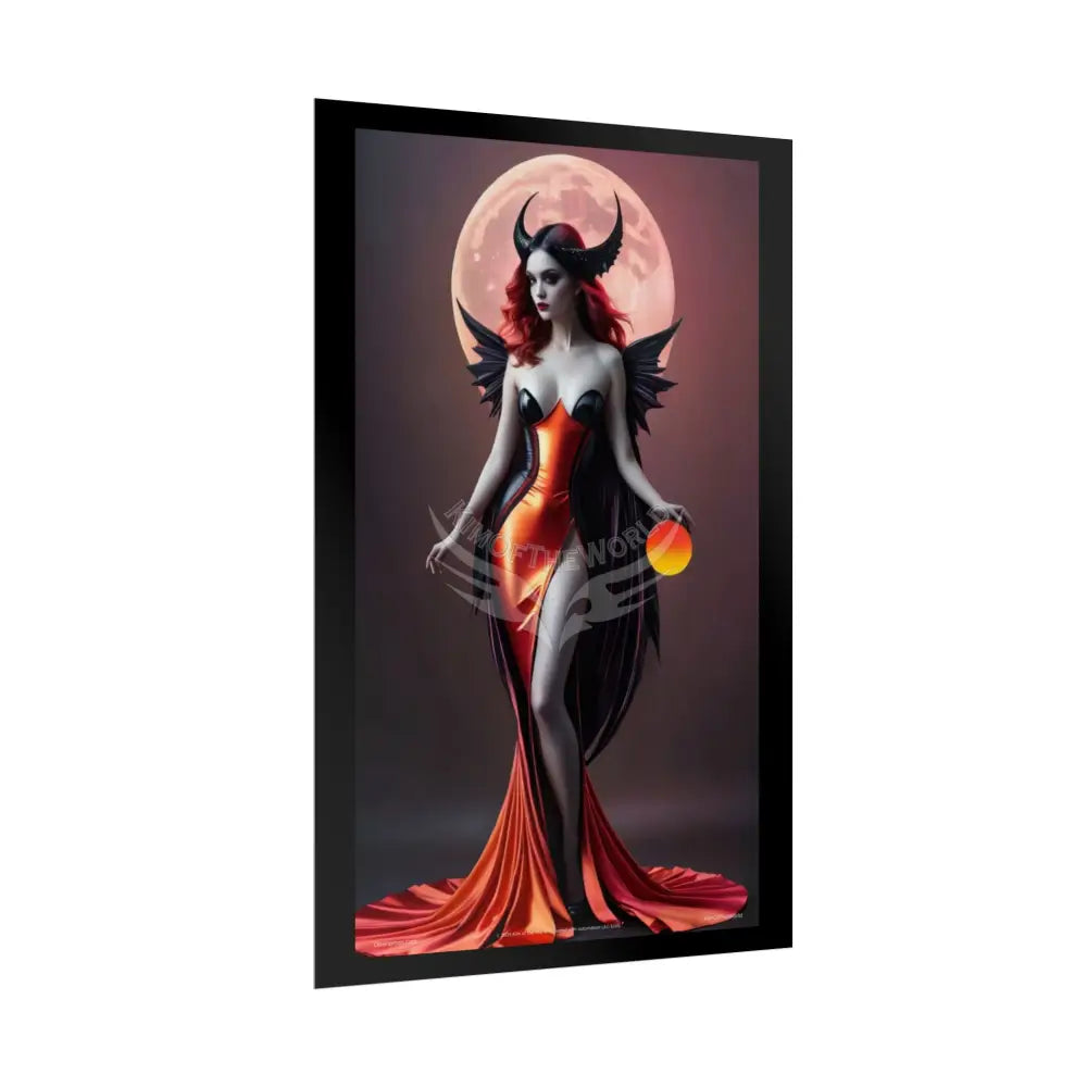 Gothic Fashion Cat Lady Woman Weird Surreal Portrait Black & Orange Halloween Satin 3D Moon Art Poster — Goth Girl