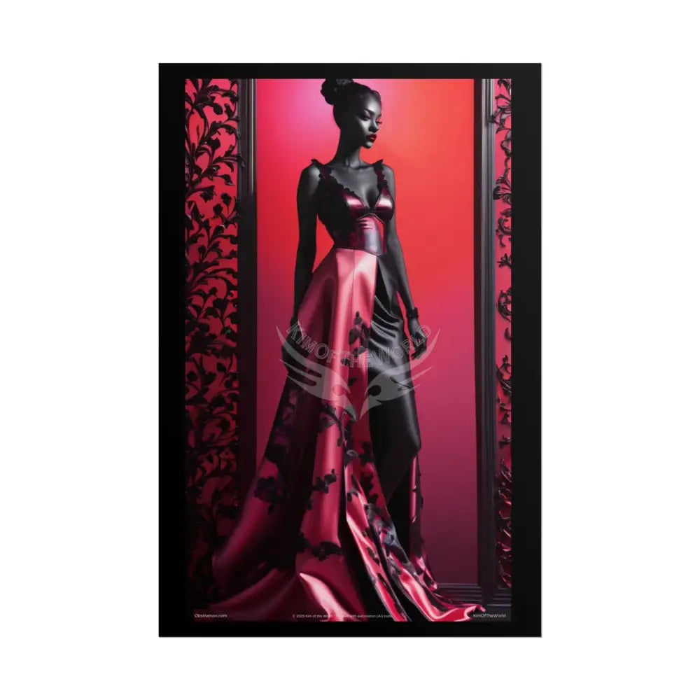 Gothic Fashion Floral Black Queen Lady Woman Black & Red Satin 3D Moon Art Poster — Black & Red Fashion Bedroom Prints