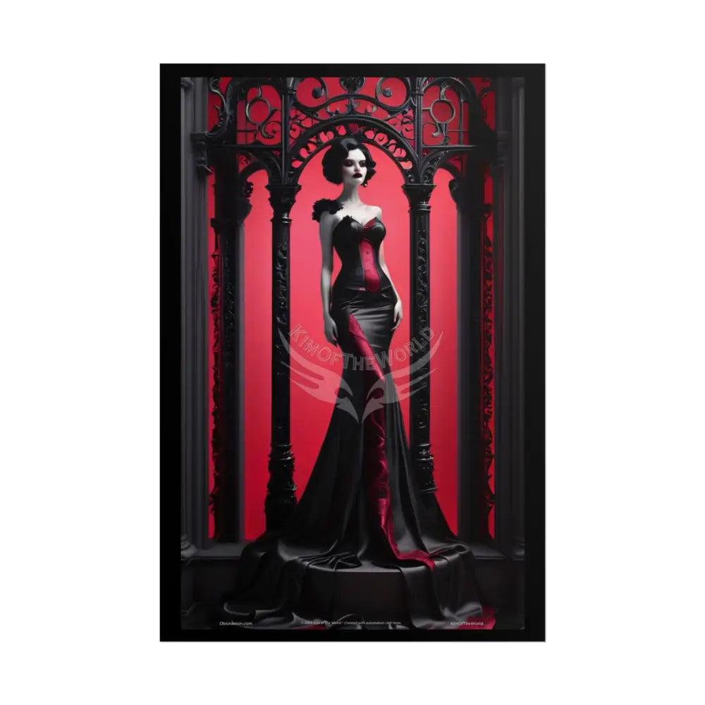 Gothic Fashion Floral Lady Woman Black & Red Satin 3D Moon Art Poster — Black & Red Fashion Bedroom Prints (Rolled) 20″