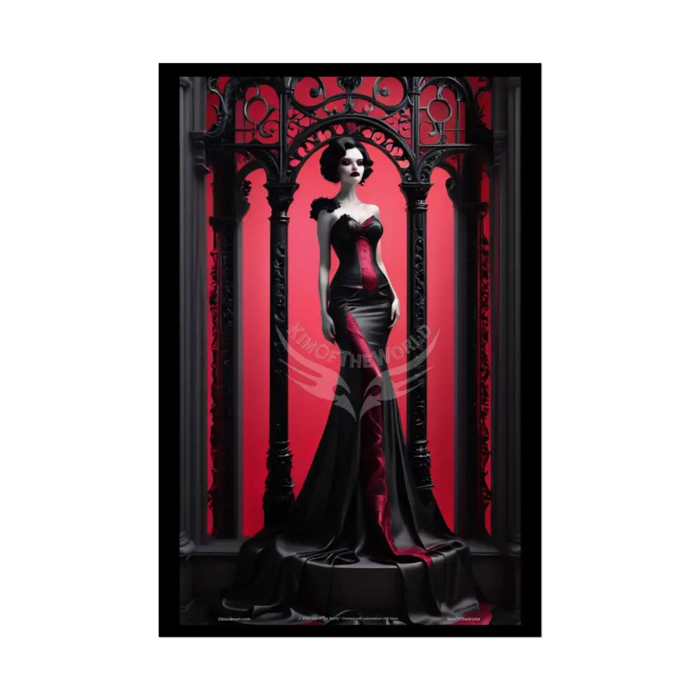 Gothic Fashion Floral Lady Woman Black & Red Satin 3D Moon Art Poster — Black & Red Fashion Bedroom Prints (Rolled) 20″