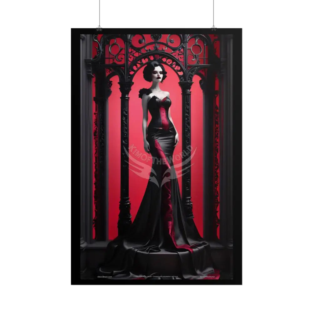 Gothic Fashion Floral Lady Woman Black & Red Satin 3D Moon Art Poster — Black & Red Fashion Bedroom Prints (Rolled)