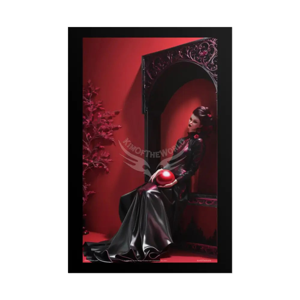 Gothic Fashion Floral Lady Woman Black & Red Satin 3D Moon Art Poster — Black & Red Fashion Bedroom Prints (Rolled)