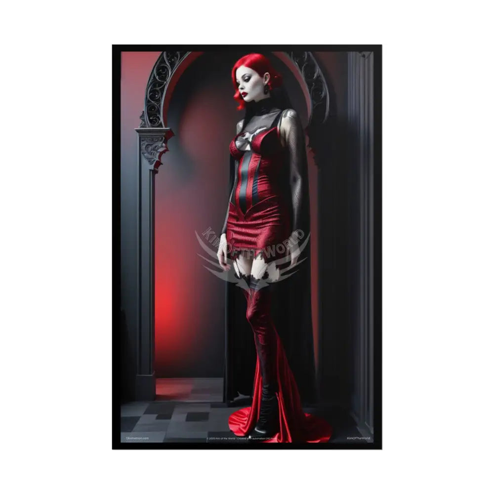 Gothic Fashion Floral Lady Woman Black & Red Satin 3D Moon Art Poster — Black & Red Fashion Bedroom Prints (Rolled)
