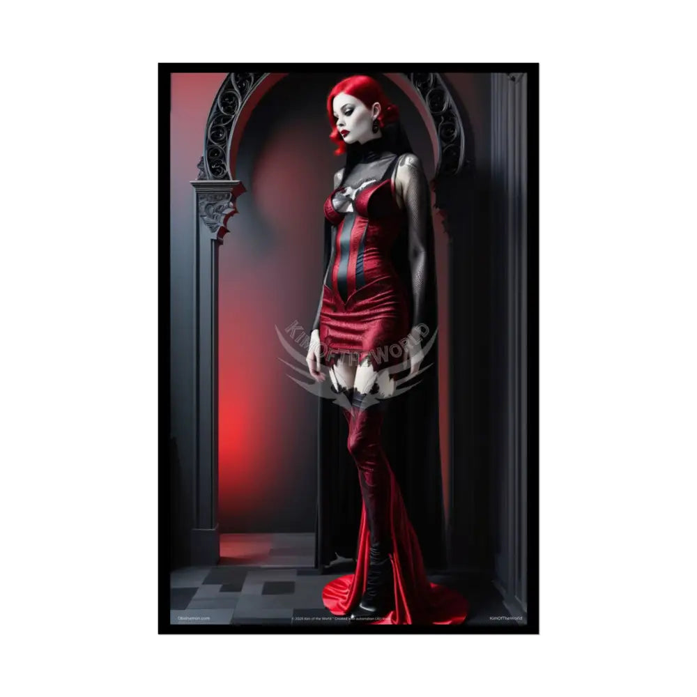 Gothic Fashion Floral Lady Woman Black & Red Satin 3D Moon Art Poster — Black & Red Fashion Bedroom Prints (Rolled)
