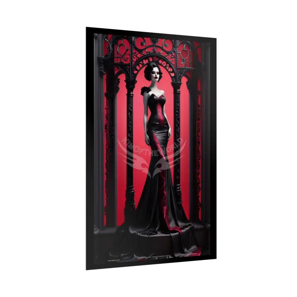 Gothic Fashion Floral Lady Woman Black & Red Satin 3D Moon Art Poster — Black & Red Fashion Bedroom Prints (Rolled)
