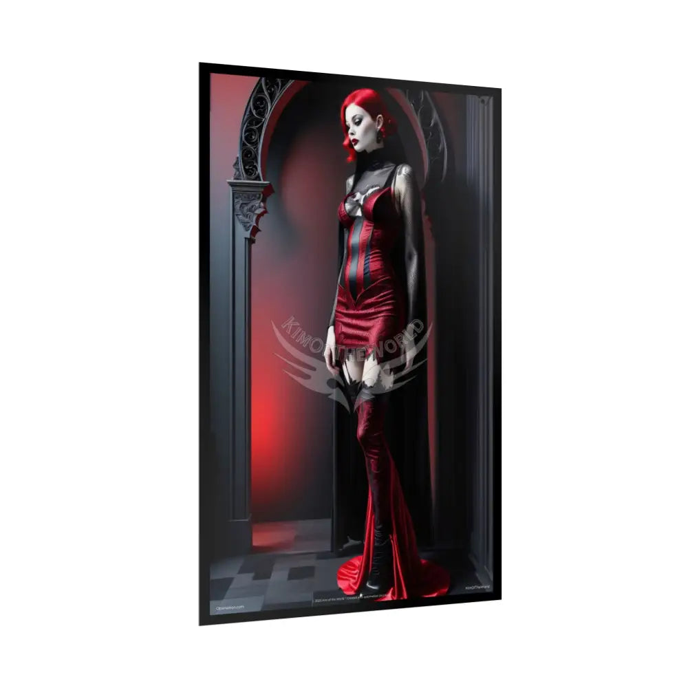 Gothic Fashion Floral Lady Woman Black & Red Satin 3D Moon Art Poster — Black & Red Fashion Bedroom Prints (Rolled)