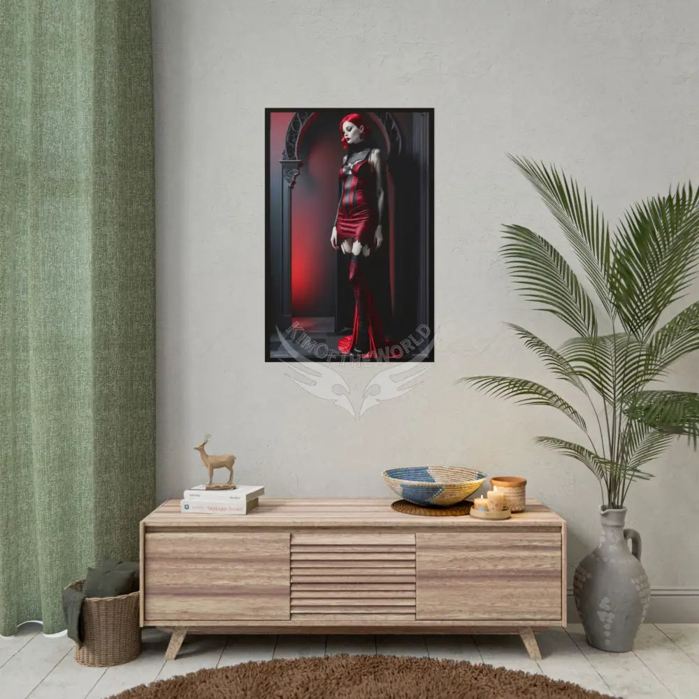 Gothic Fashion Floral Lady Woman Black & Red Satin 3D Moon Art Poster — Black & Red Fashion Bedroom Prints (Rolled)