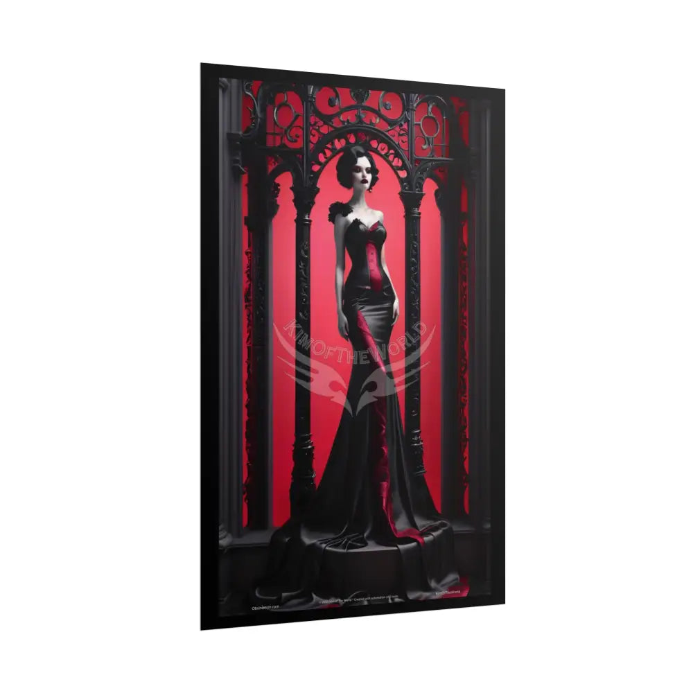 Gothic Fashion Floral Lady Woman Black & Red Satin 3D Moon Art Poster — Black & Red Fashion Bedroom Prints (Rolled)