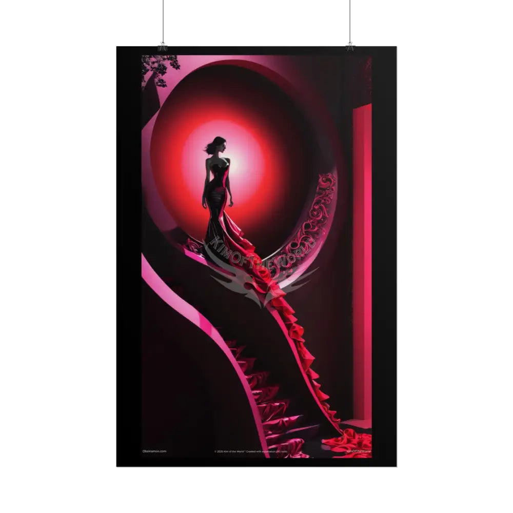 Gothic Fashion Floral Lady Woman Black & Red Satin 3D Moon Art Poster — Black & Red Fashion Bedroom Prints (Rolled)