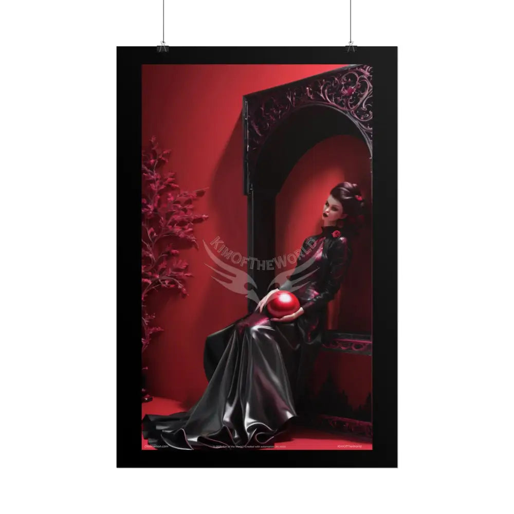 Gothic Fashion Floral Lady Woman Black & Red Satin 3D Moon Art Poster — Black & Red Fashion Bedroom Prints (Rolled)
