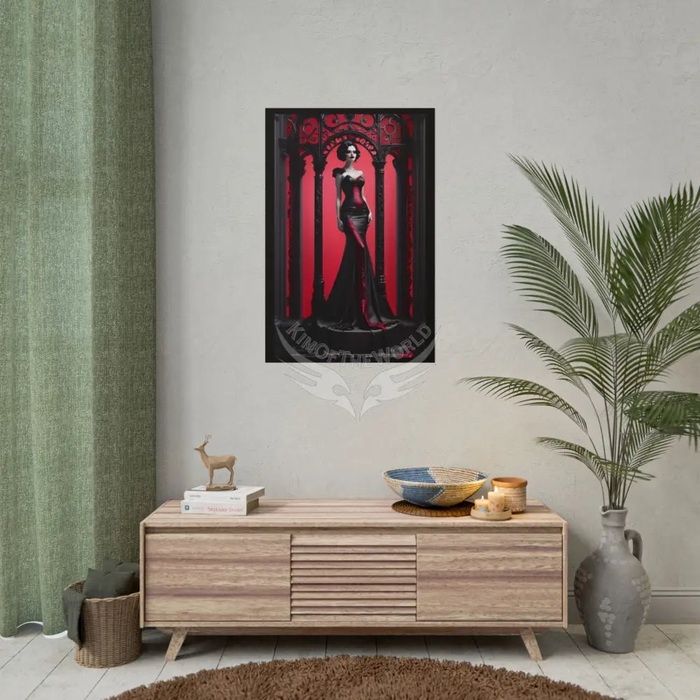 Gothic Fashion Floral Lady Woman Black & Red Satin 3D Moon Art Poster — Black & Red Fashion Bedroom Prints (Rolled)