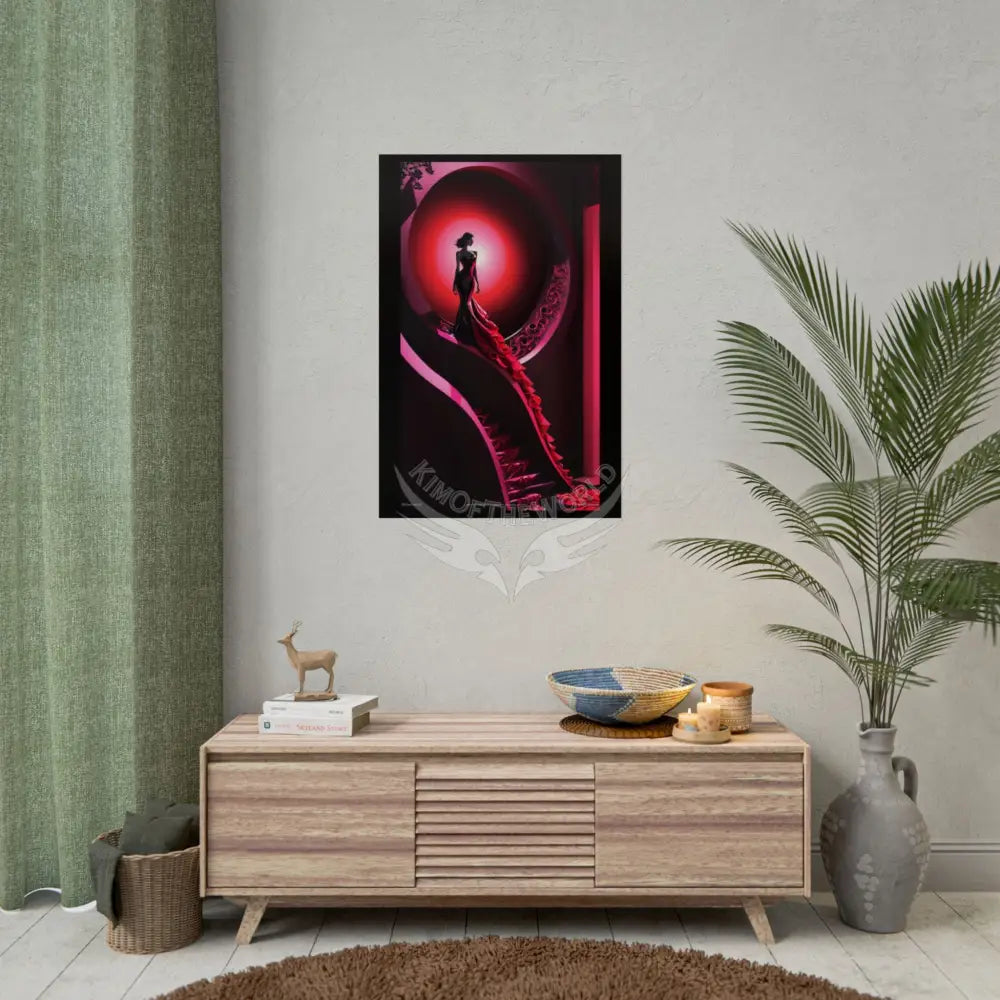 Gothic Fashion Floral Lady Woman Black & Red Satin 3D Moon Art Poster — Black & Red Fashion Bedroom Prints (Rolled)