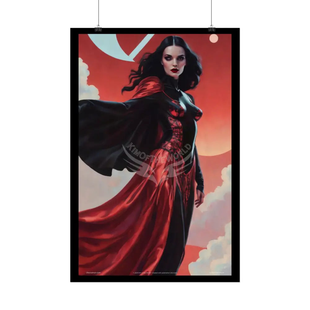 Gothic Fashion Floral Lady Woman Black & Red Satin 3D Moon Art Poster — Black & Red Fashion Bedroom Prints (Rolled)