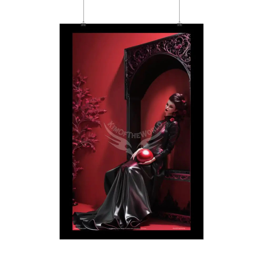 Gothic Fashion Floral Lady Woman Black & Red Satin 3D Moon Art Poster — Black & Red Fashion Bedroom Prints (Rolled)