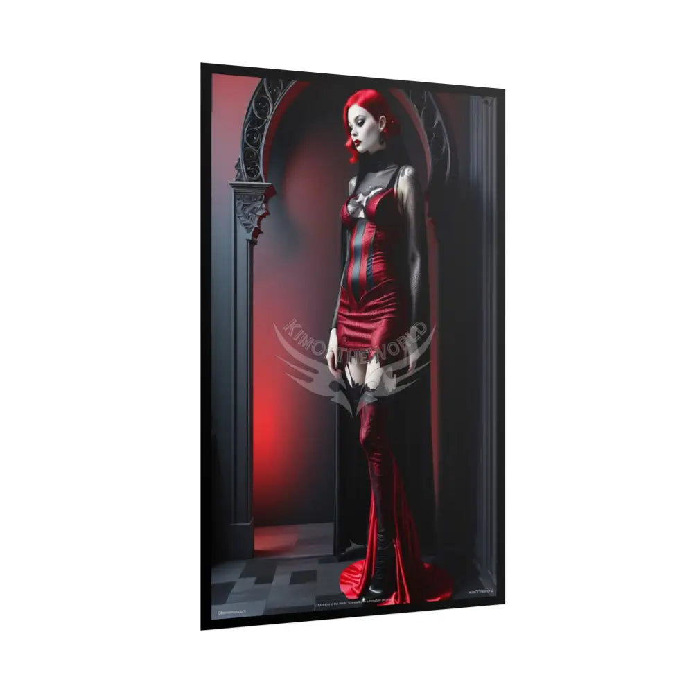 Gothic Fashion Floral Lady Woman Black & Red Satin 3D Moon Art Poster — Black & Red Fashion Bedroom Prints (Rolled)