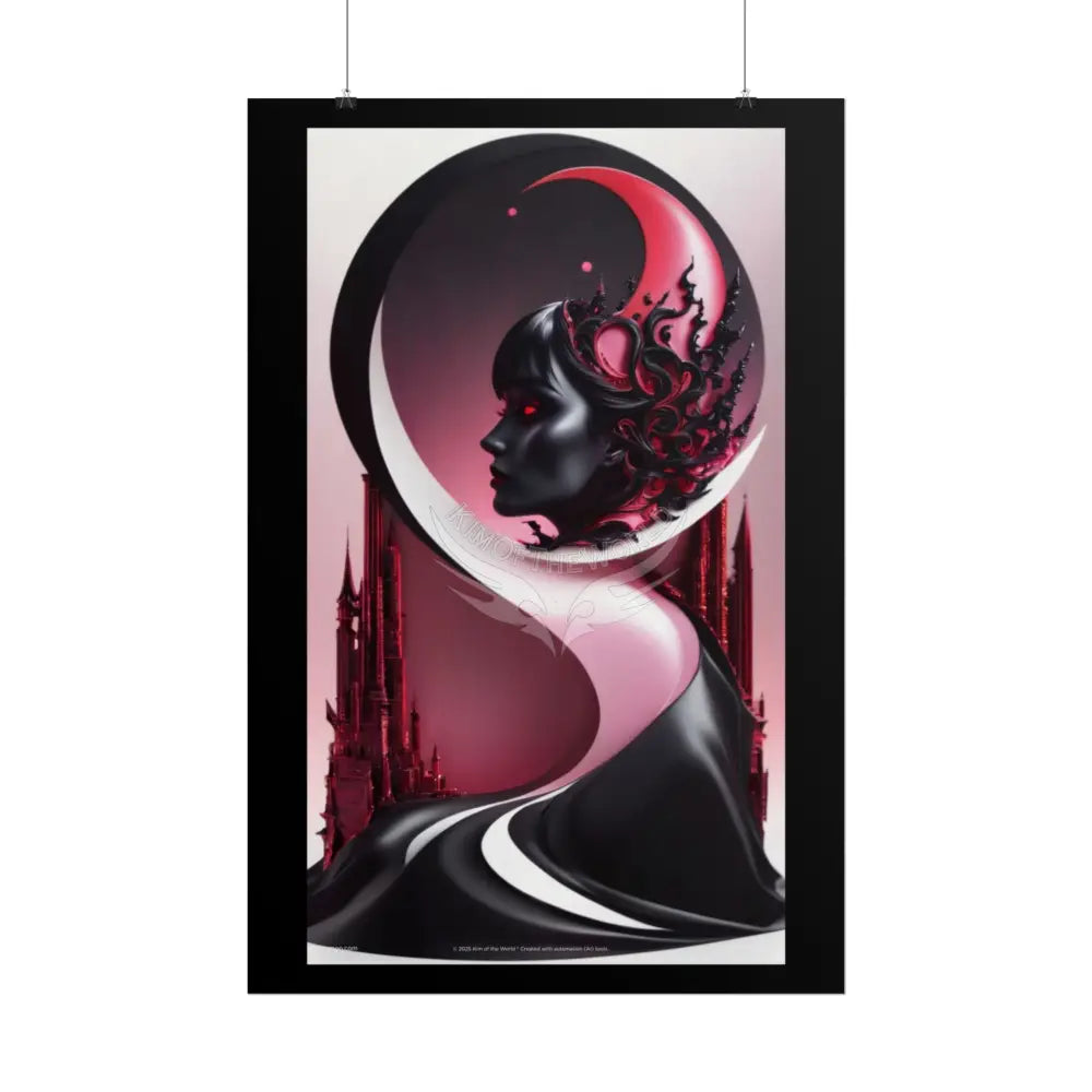 Gothic Fashion Floral Lady Woman Weird Surreal Portrait Black & Red Satin 3D Moon Art Poster — Black & Red Fashion