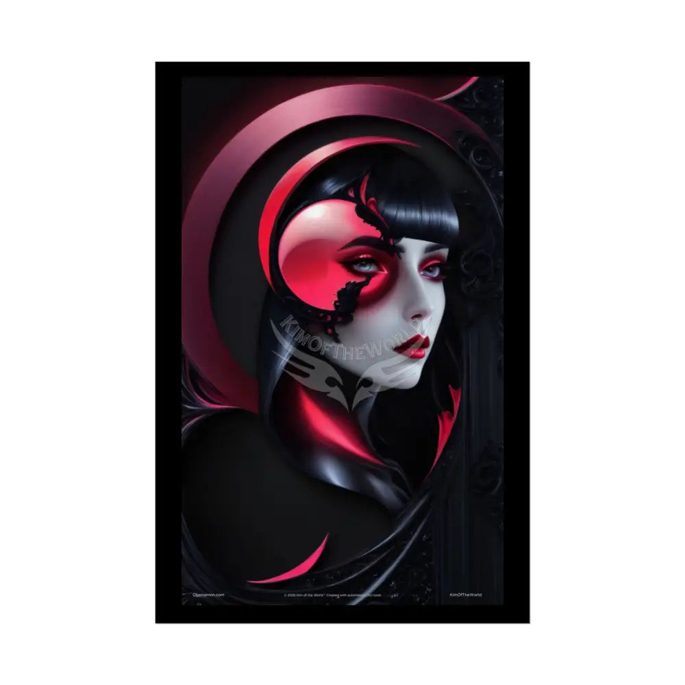 Gothic Fashion Floral Lady Woman Weird Surreal Portrait Black & Red Satin 3D Moon Art Poster — Black & Red Fashion