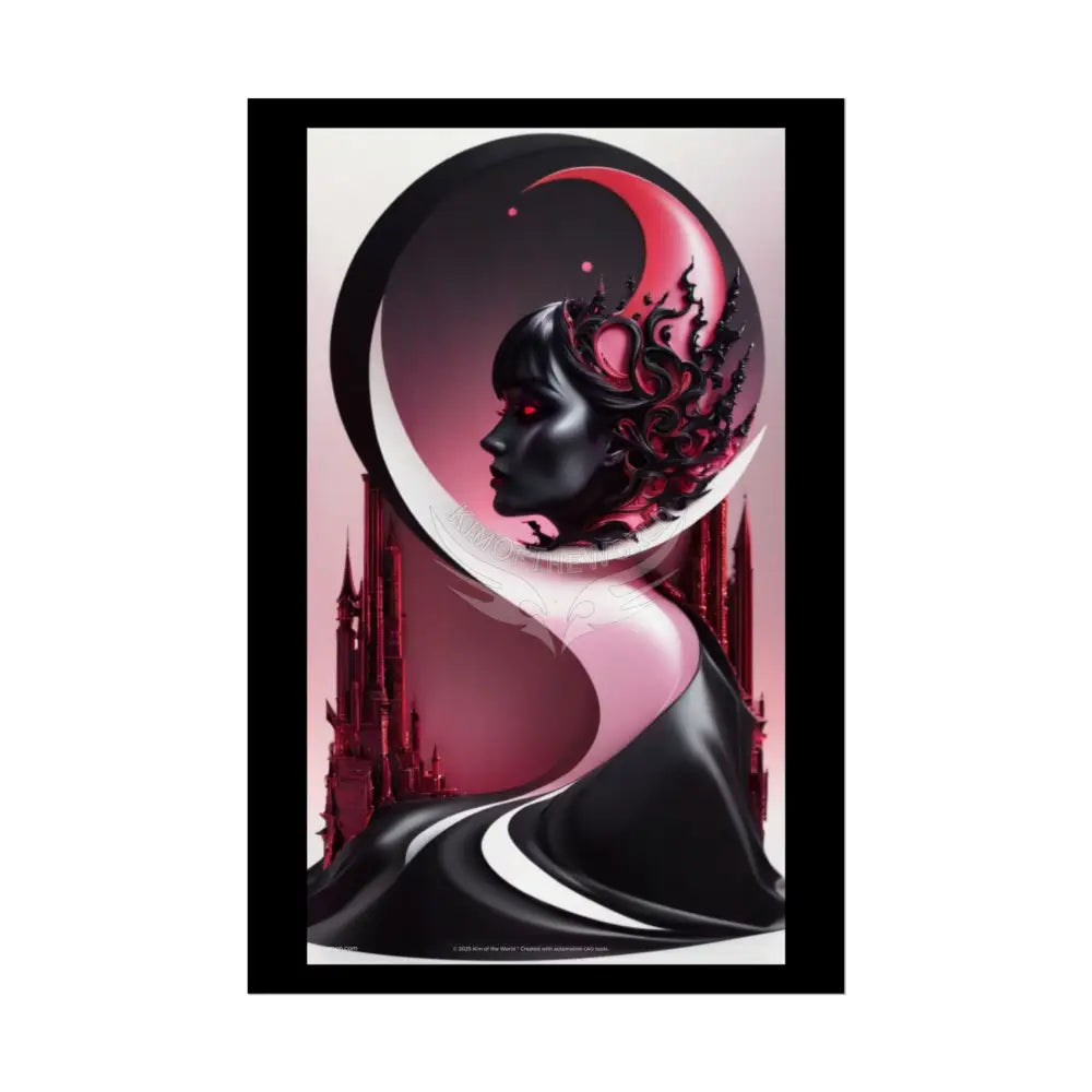 Gothic Fashion Floral Lady Woman Weird Surreal Portrait Black & Red Satin 3D Moon Art Poster — Black & Red Fashion