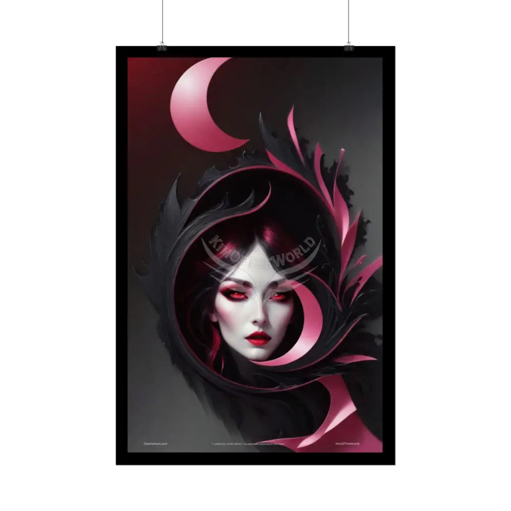 Gothic Fashion Floral Lady Woman Weird Surreal Portrait Black & Red Satin 3D Moon Art Poster — Black Pink & Red Fashion