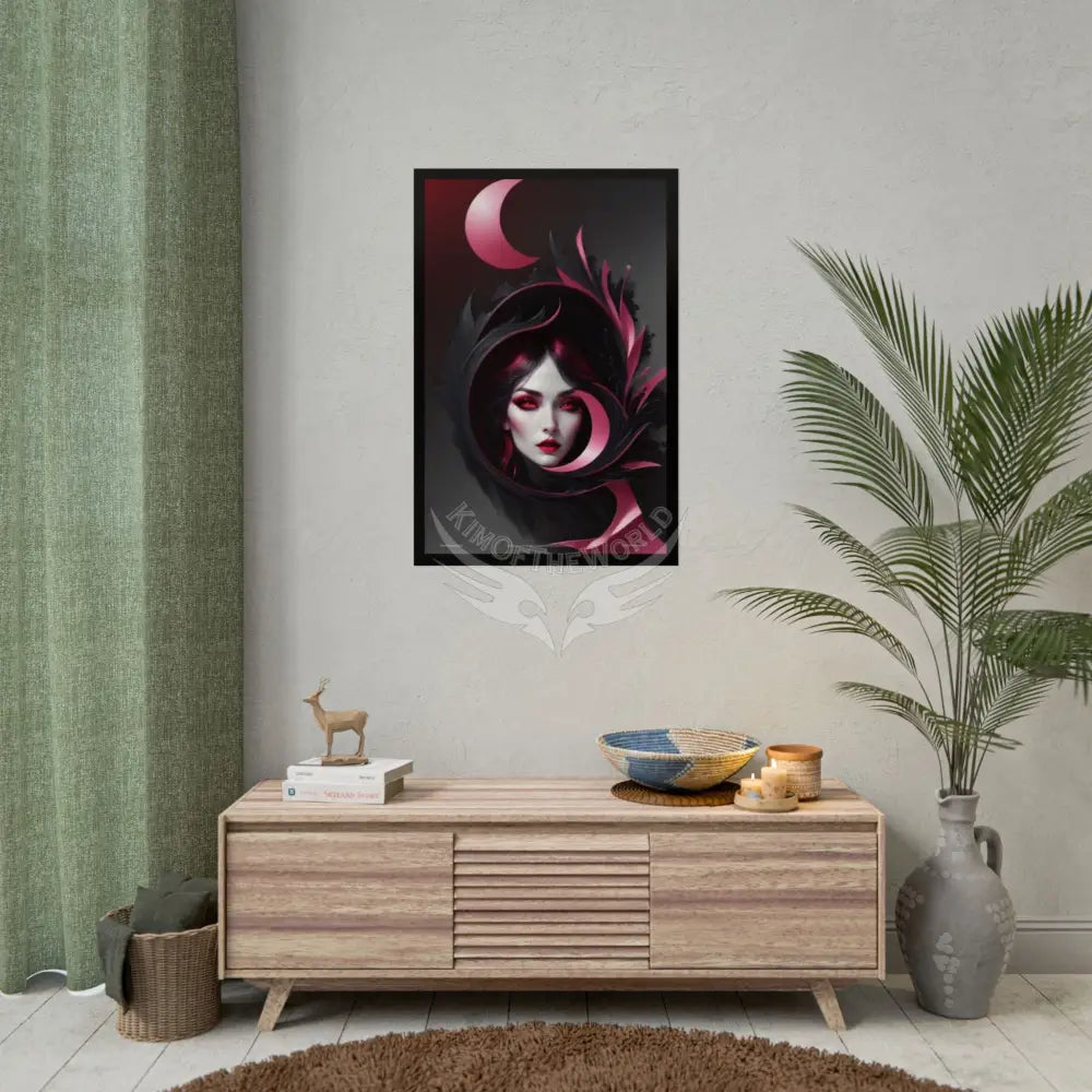 Gothic Fashion Floral Lady Woman Weird Surreal Portrait Black & Red Satin 3D Moon Art Poster — Black Pink & Red Fashion