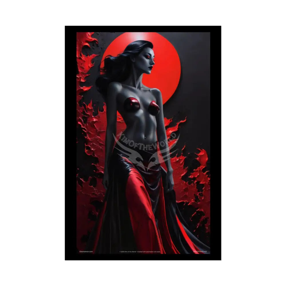 Gothic Fashion Floral Sexy Dark Lady Woman Black & Red Satin 3D Moon Art Poster — Black & Red Fashion Bedroom Prints