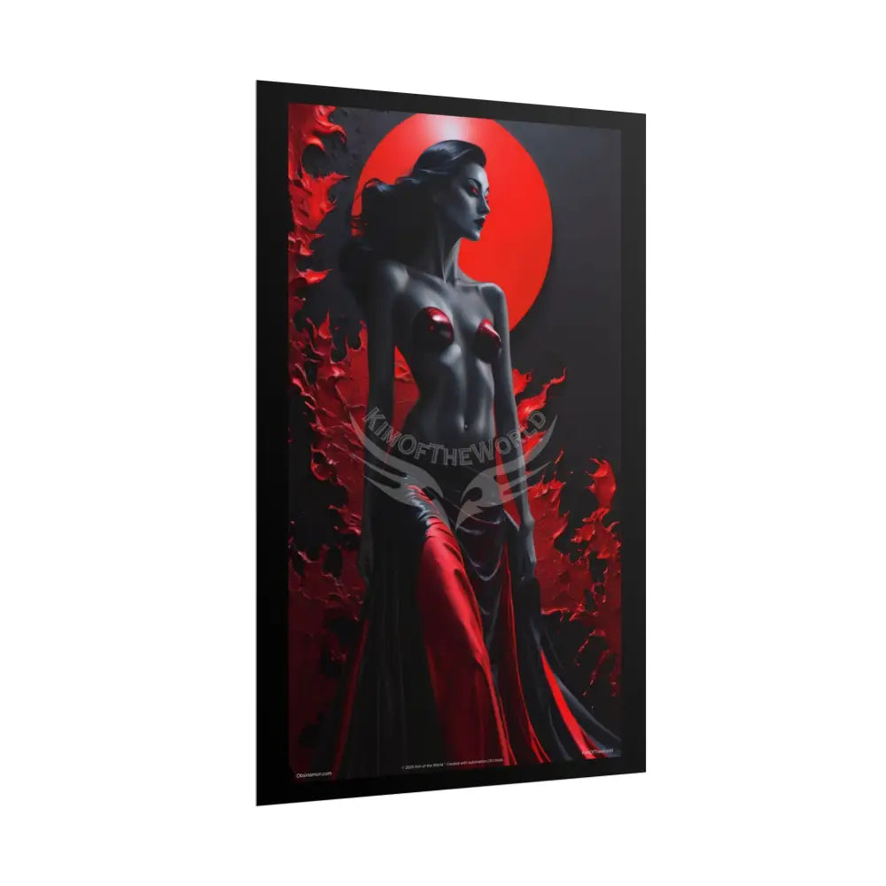 Gothic Fashion Floral Sexy Dark Lady Woman Black & Red Satin 3D Moon Art Poster — Black & Red Fashion Bedroom Prints