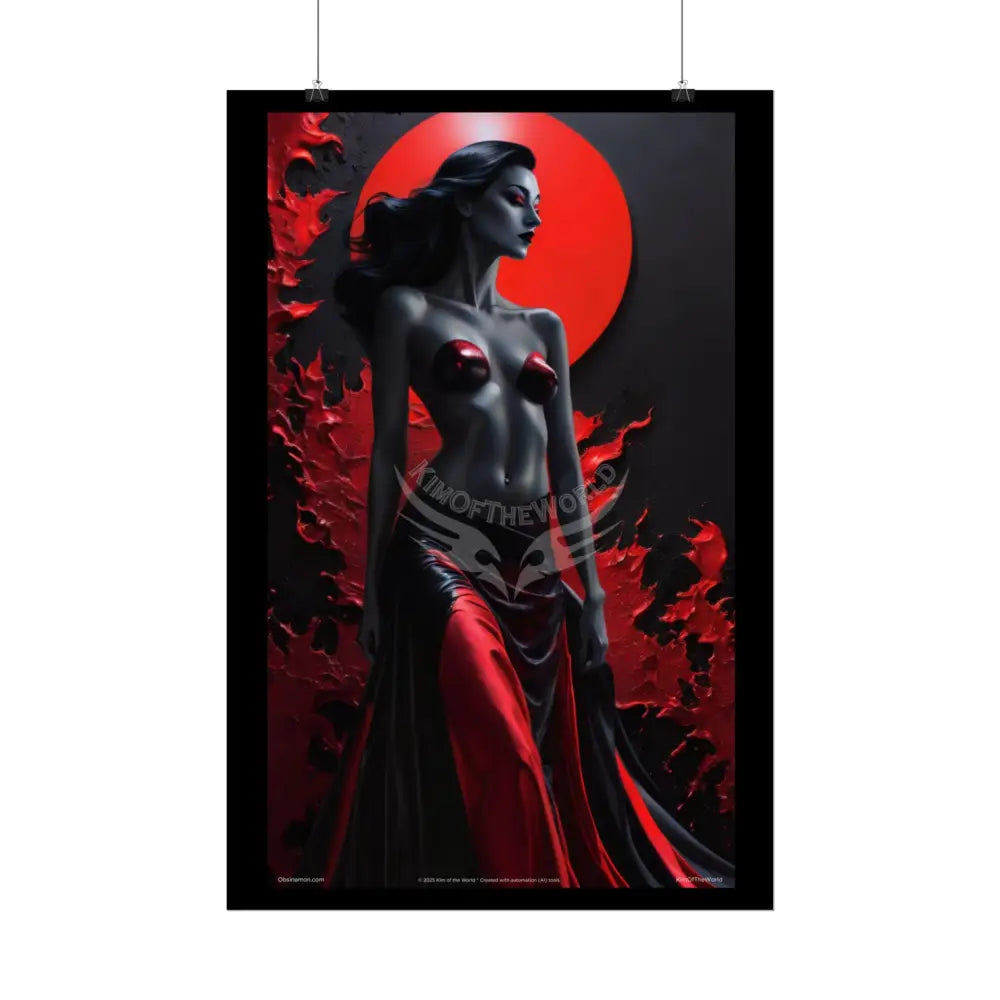 Gothic Fashion Floral Sexy Dark Lady Woman Black & Red Satin 3D Moon Art Poster — Black & Red Fashion Bedroom Prints