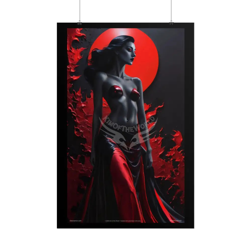 Gothic Fashion Floral Sexy Dark Lady Woman Black & Red Satin 3D Moon Art Poster — Black & Red Fashion Bedroom Prints