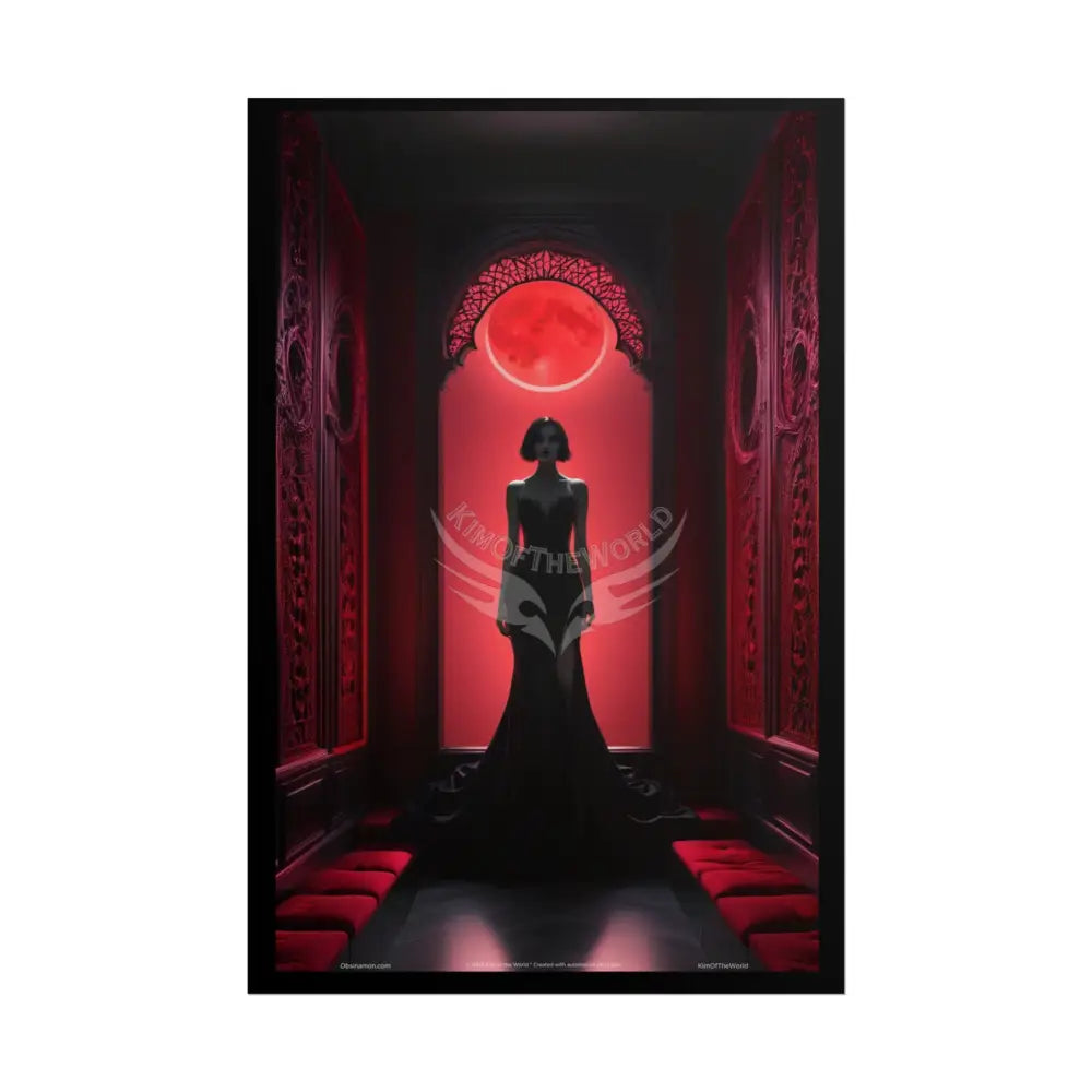 Gothic Fashion Red Sunset Minimalist Lady Woman Black & Red Satin 3D Moon Art Poster — Black & Red Fashion Bedroom