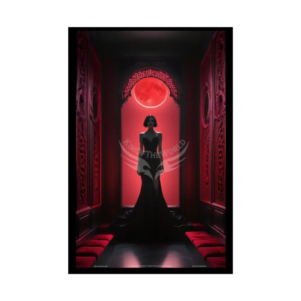 Gothic Fashion Red Sunset Minimalist Lady Woman Black & Red Satin 3D Moon Art Poster — Black & Red Fashion Bedroom