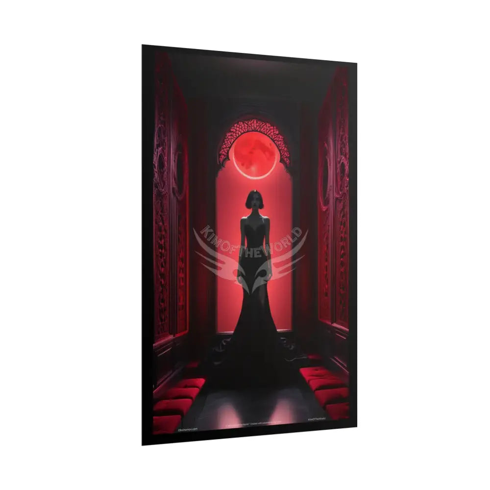 Gothic Fashion Red Sunset Minimalist Lady Woman Black & Red Satin 3D Moon Art Poster — Black & Red Fashion Bedroom