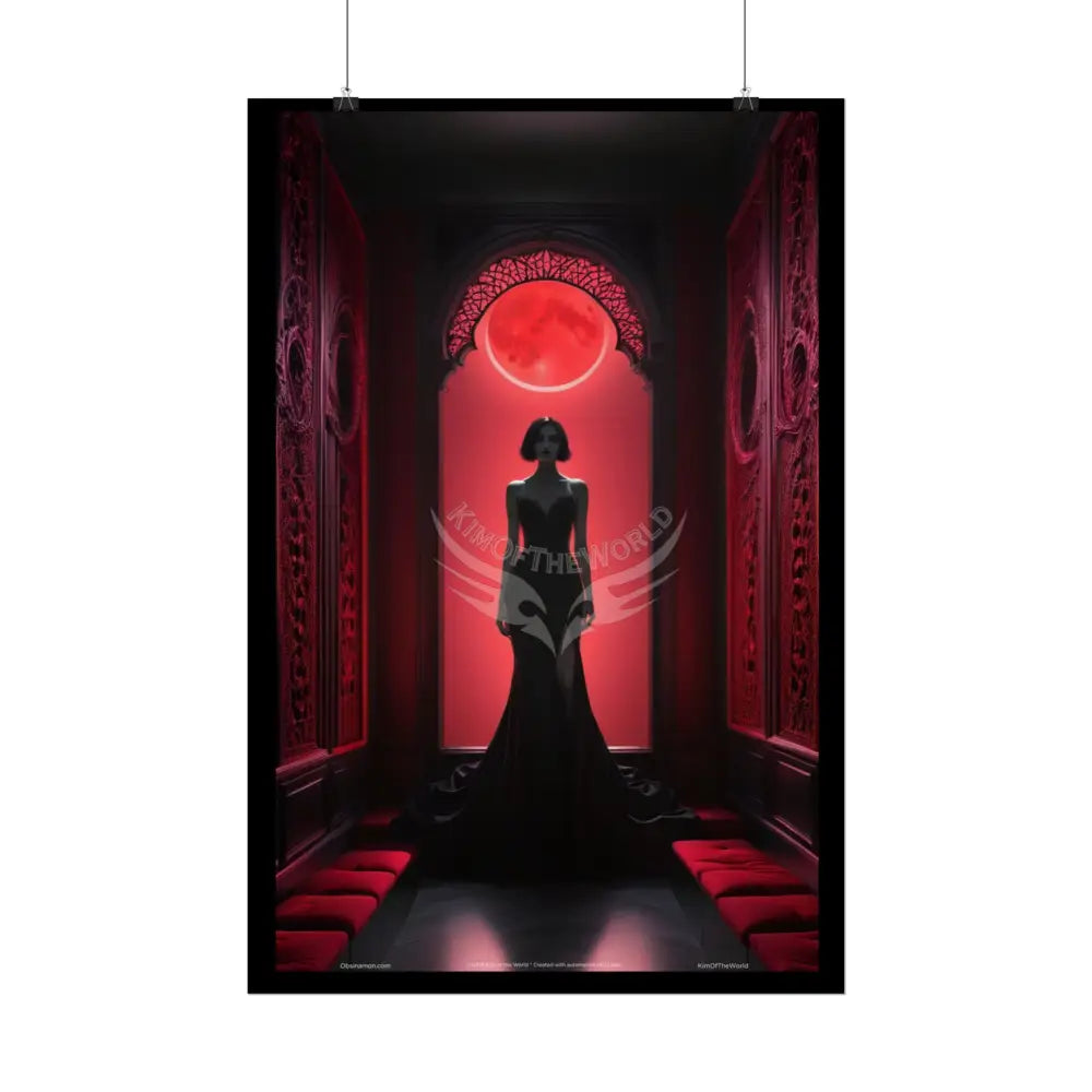 Gothic Fashion Red Sunset Minimalist Lady Woman Black & Red Satin 3D Moon Art Poster — Black & Red Fashion Bedroom