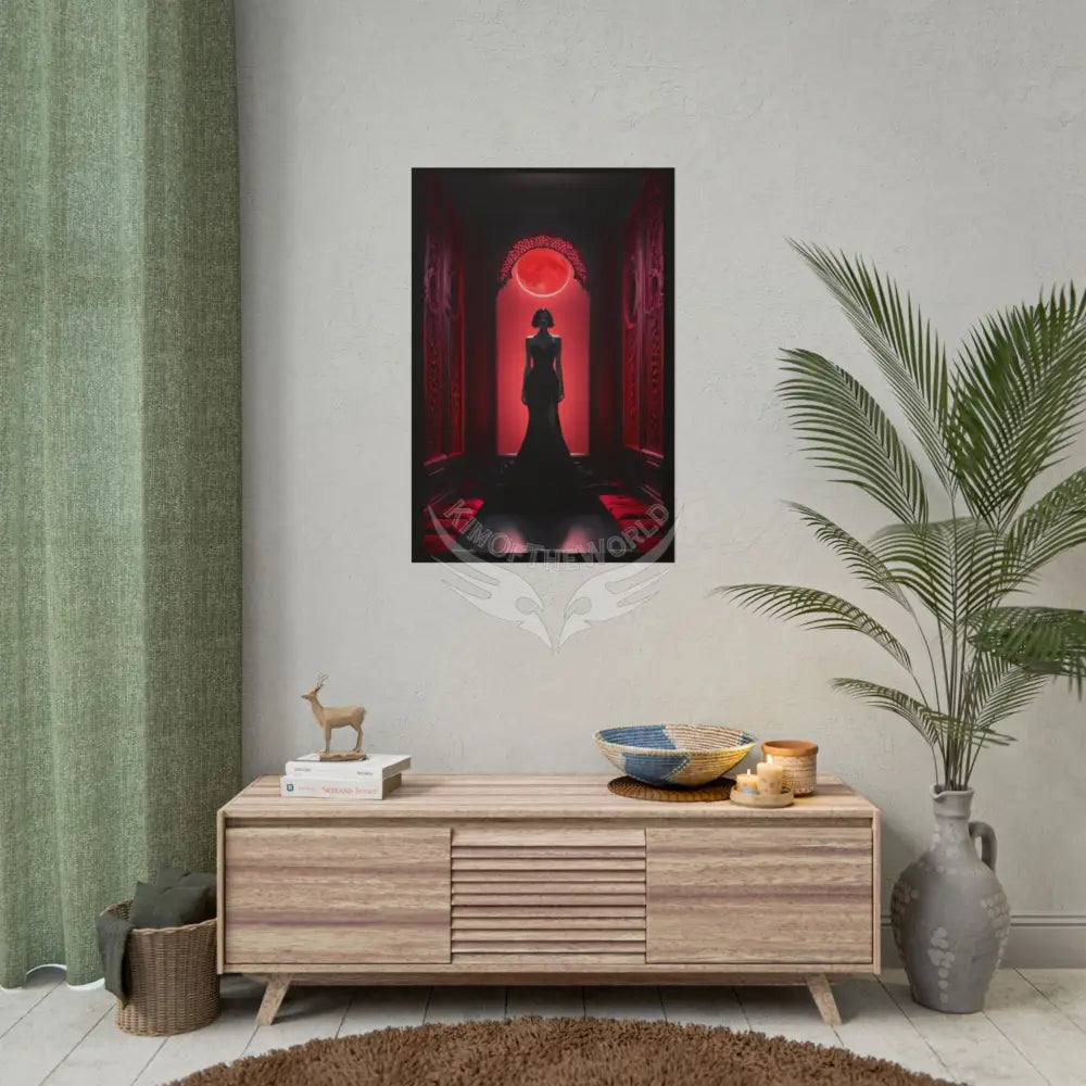 Gothic Fashion Red Sunset Minimalist Lady Woman Black & Red Satin 3D Moon Art Poster — Black & Red Fashion Bedroom