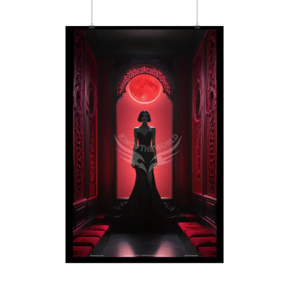 Gothic Fashion Red Sunset Minimalist Lady Woman Black & Red Satin 3D Moon Art Poster — Black & Red Fashion Bedroom