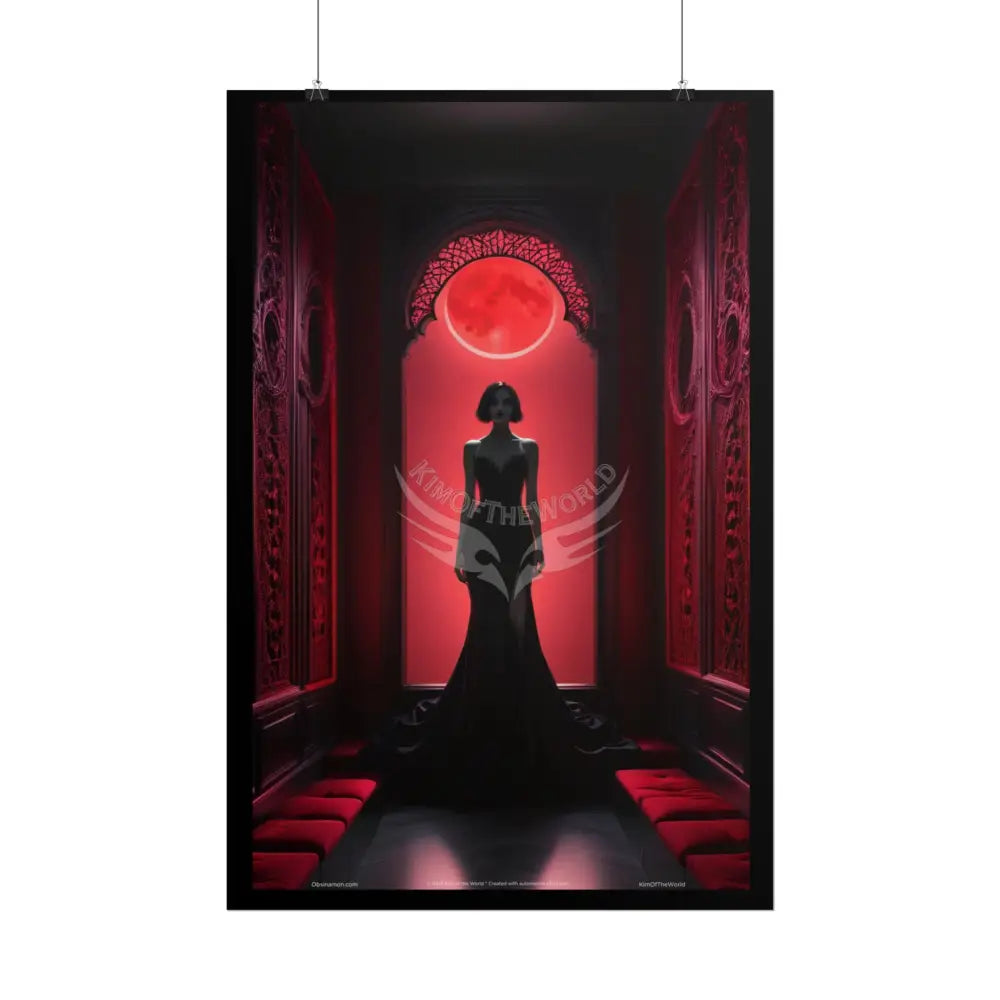 Gothic Fashion Red Sunset Minimalist Lady Woman Black & Red Satin 3D Moon Art Poster — Black & Red Fashion Bedroom