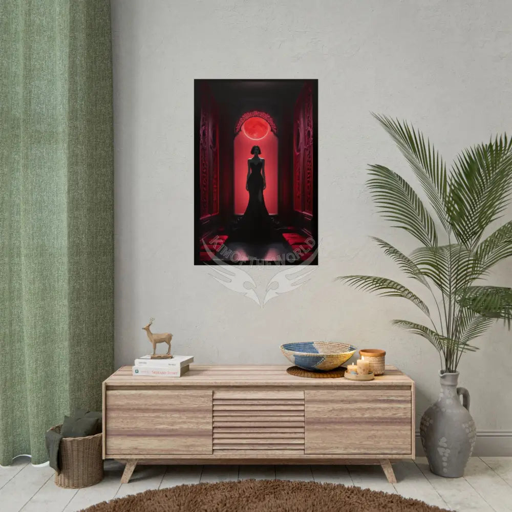 Gothic Fashion Red Sunset Minimalist Lady Woman Black & Red Satin 3D Moon Art Poster — Black & Red Fashion Bedroom