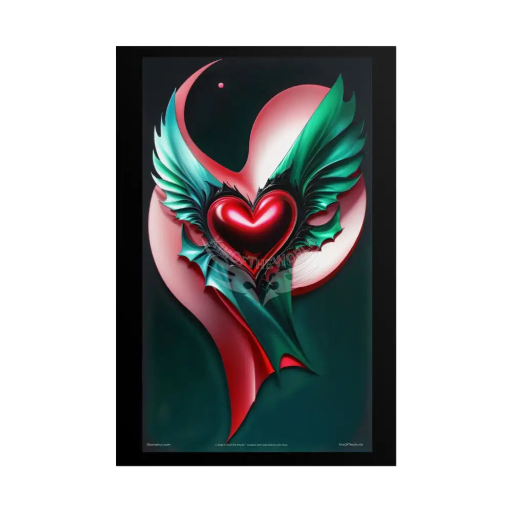 Gothic Heart Love Tattoo 3D Winged Heart Love Weird Surreal Portrait Black & Red Satin 3D Moon Art Poster — Black & Red