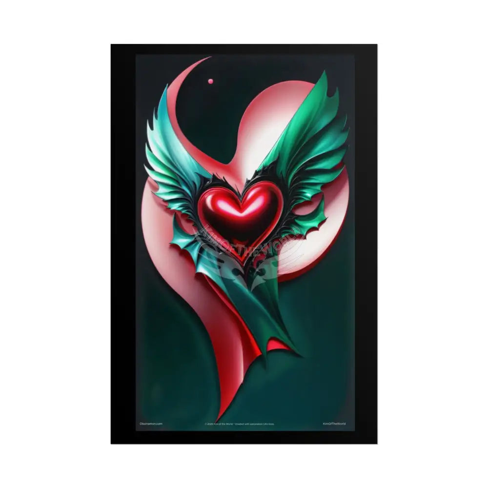 Gothic Heart Love Tattoo 3D Winged Heart Love Weird Surreal Portrait Black & Red Satin 3D Moon Art Poster — Black & Red