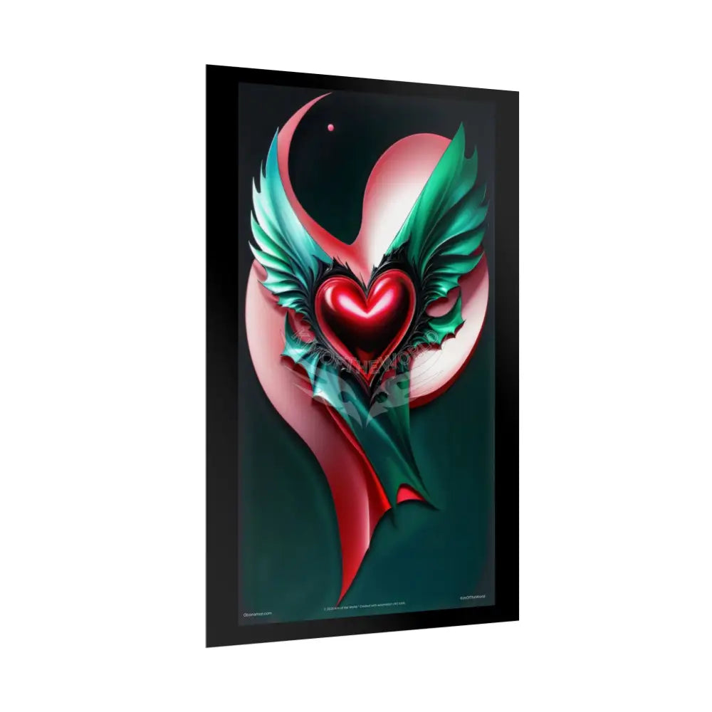 Gothic Heart Love Tattoo 3D Winged Heart Love Weird Surreal Portrait Black & Red Satin 3D Moon Art Poster — Black & Red