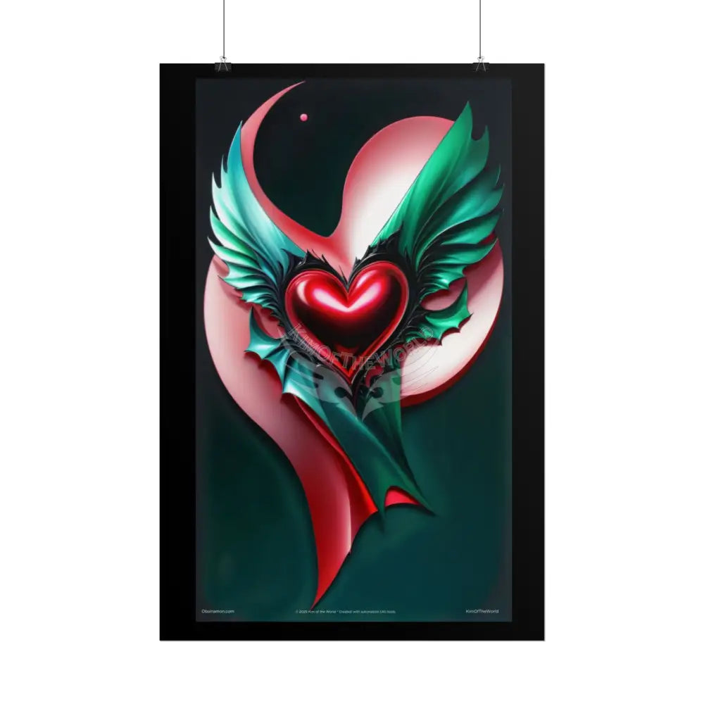 Gothic Heart Love Tattoo 3D Winged Heart Love Weird Surreal Portrait Black & Red Satin 3D Moon Art Poster — Black & Red