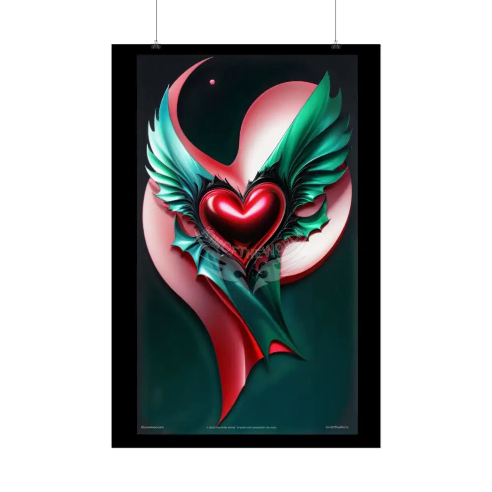 Gothic Heart Love Tattoo 3D Winged Heart Love Weird Surreal Portrait Black & Red Satin 3D Moon Art Poster — Black & Red